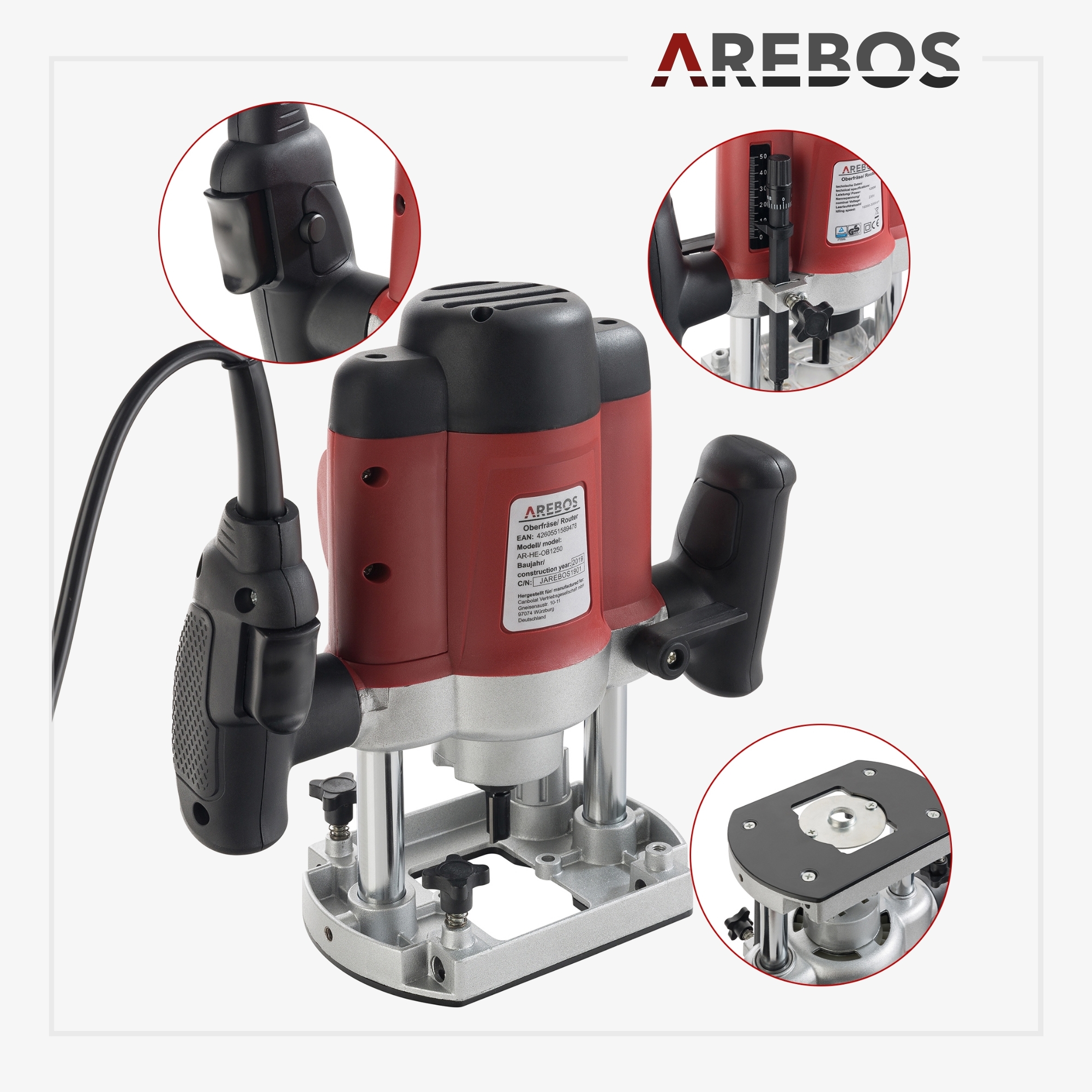Arebos overfræser 1200W - holder Ø6 & 8 mm, inkl. tilbehør & fræsebitsæt 12 stk.