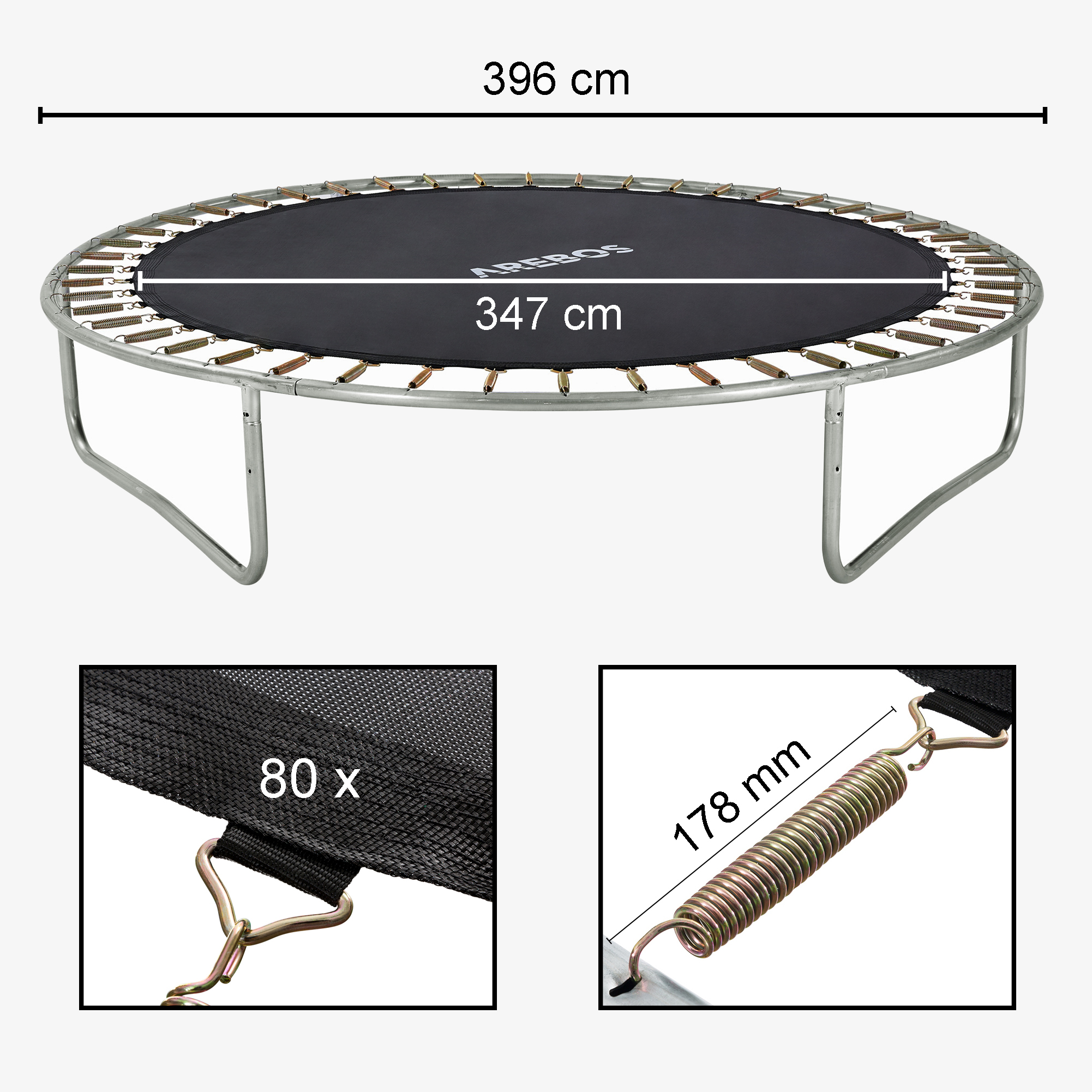 Arebos Springmåtte til trampolin Ø 396cm/13feet, Ø måtte 347cm, 80 øjer, fjederlængde 178mm