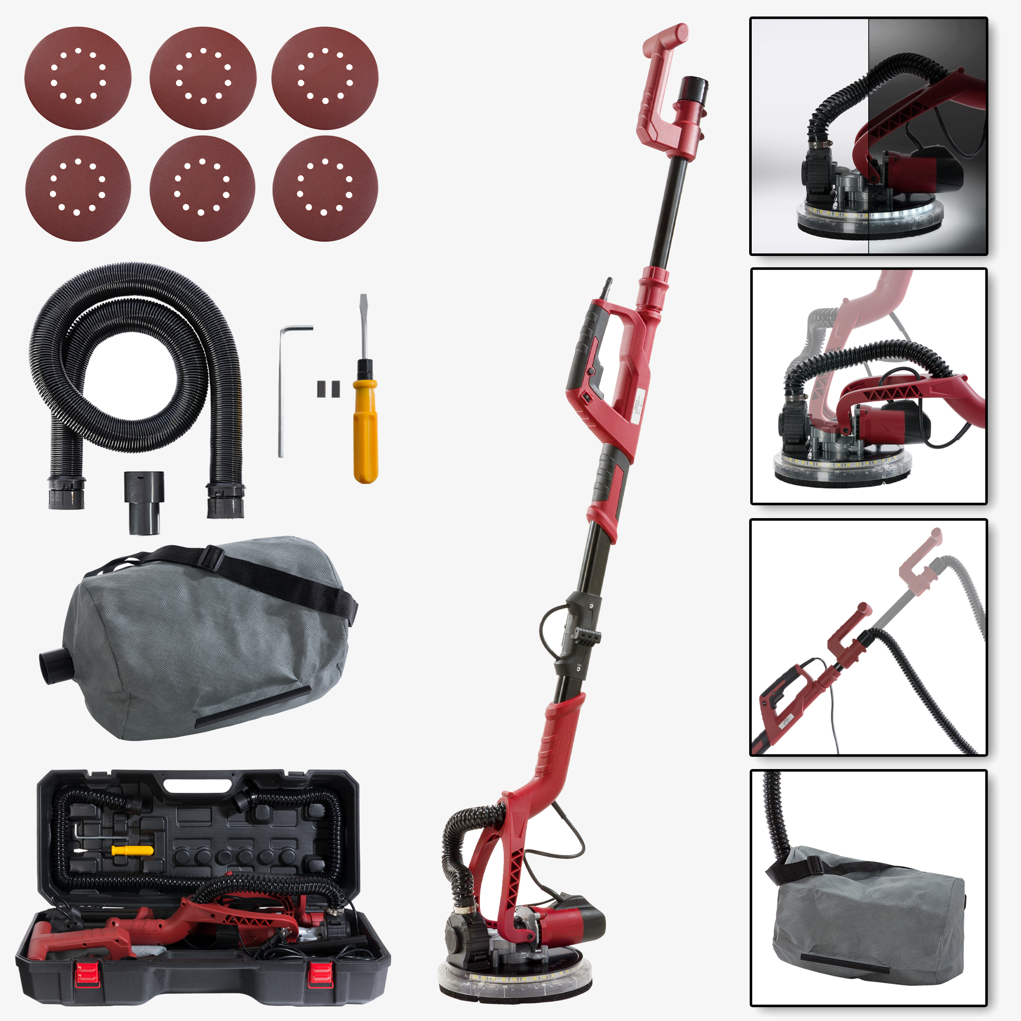 Arebos girafsliber 750W med LED - rundt slibehoved Ø225mm,inkl. tilbehør & kuffert