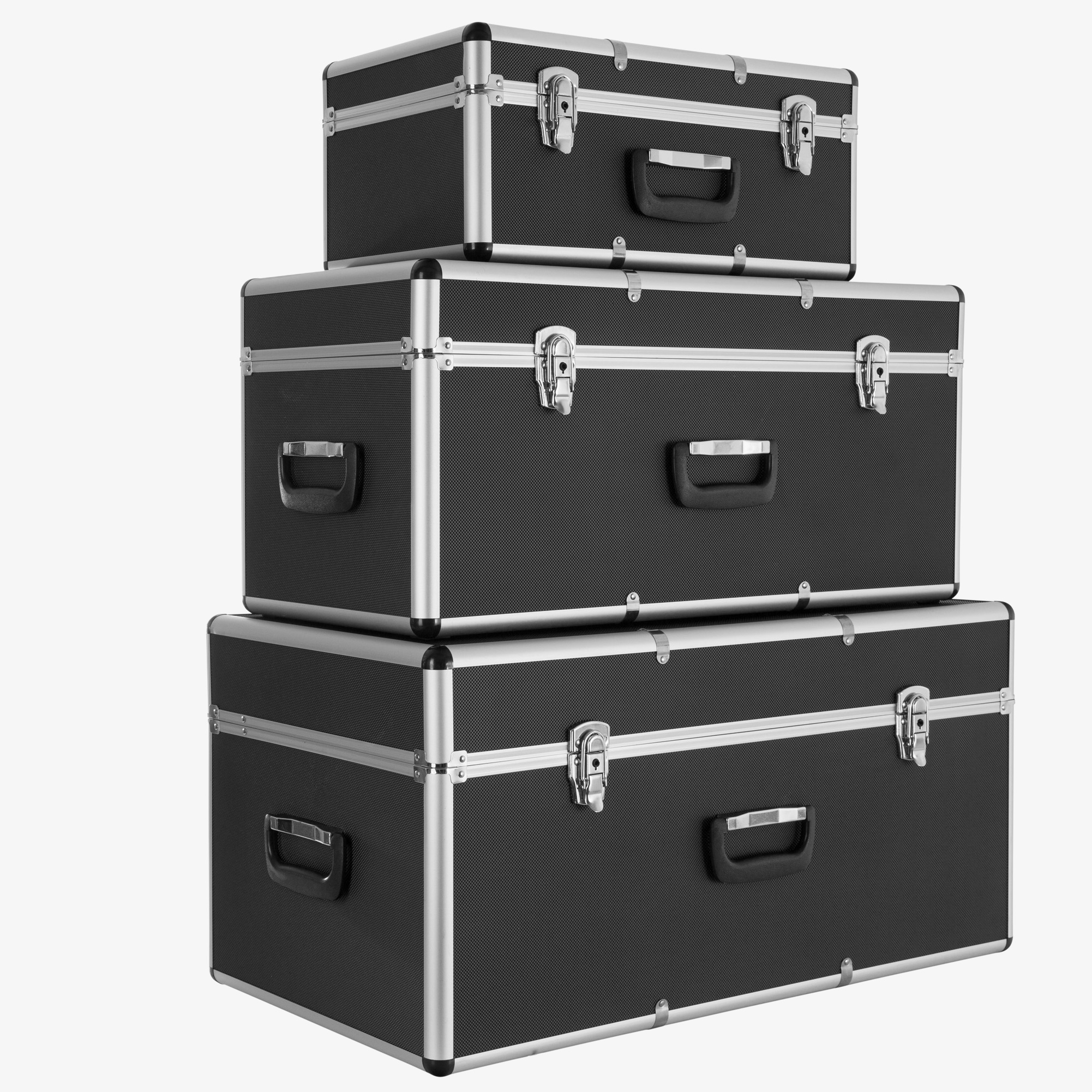Arebos sæt med 3 aluminiumstransportkasser 200L - sort ABS-krop - med bærehåndtag