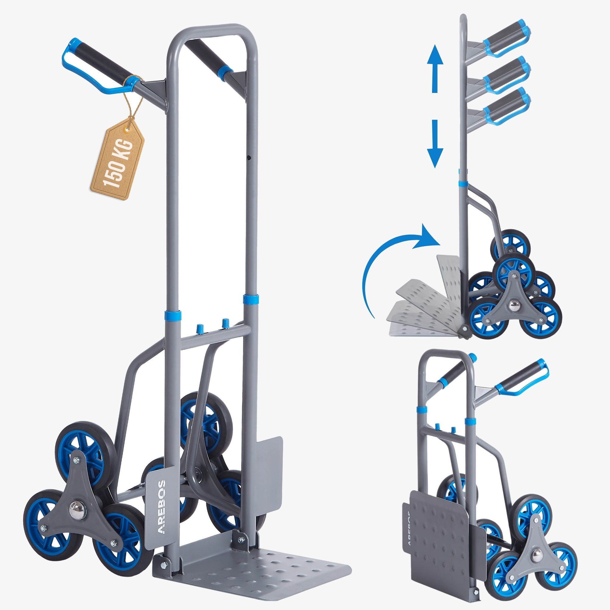 Arebos 150 kg trappesækkevogn | sammenklappelig | transportvogn til bevægelse og tunge genstande | trappeklatrer | Antracit