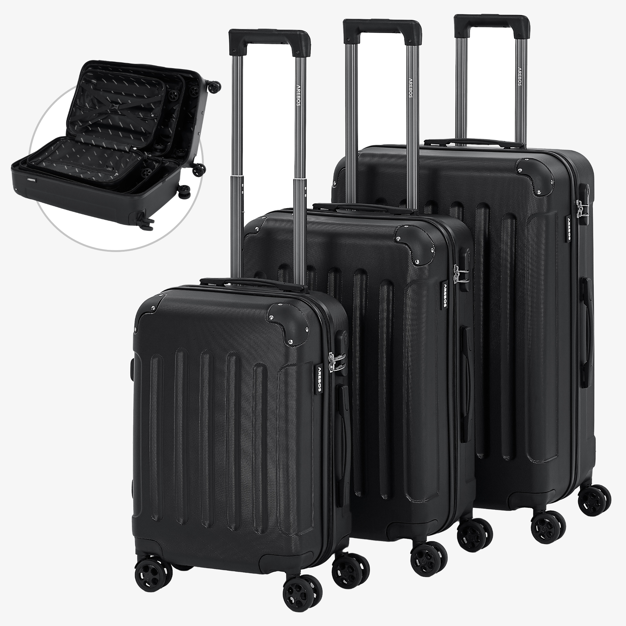 Arebos 3-delt rejsekuffertsæt - hård kuffert M(håndbagage),L & XL,100%ABS,360°hjul