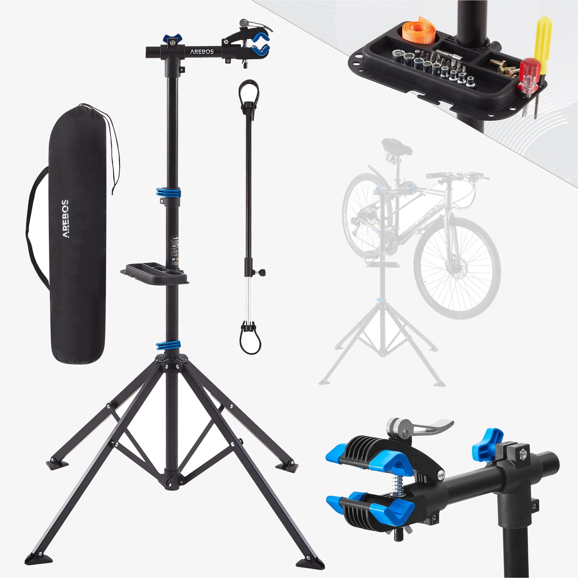 Arebos Cykelreparationsstander, Justerbar Højde 122-188 cm, Trinløst Drejelig, Belastning op til 30 kg, Inkluderer Bæretaske