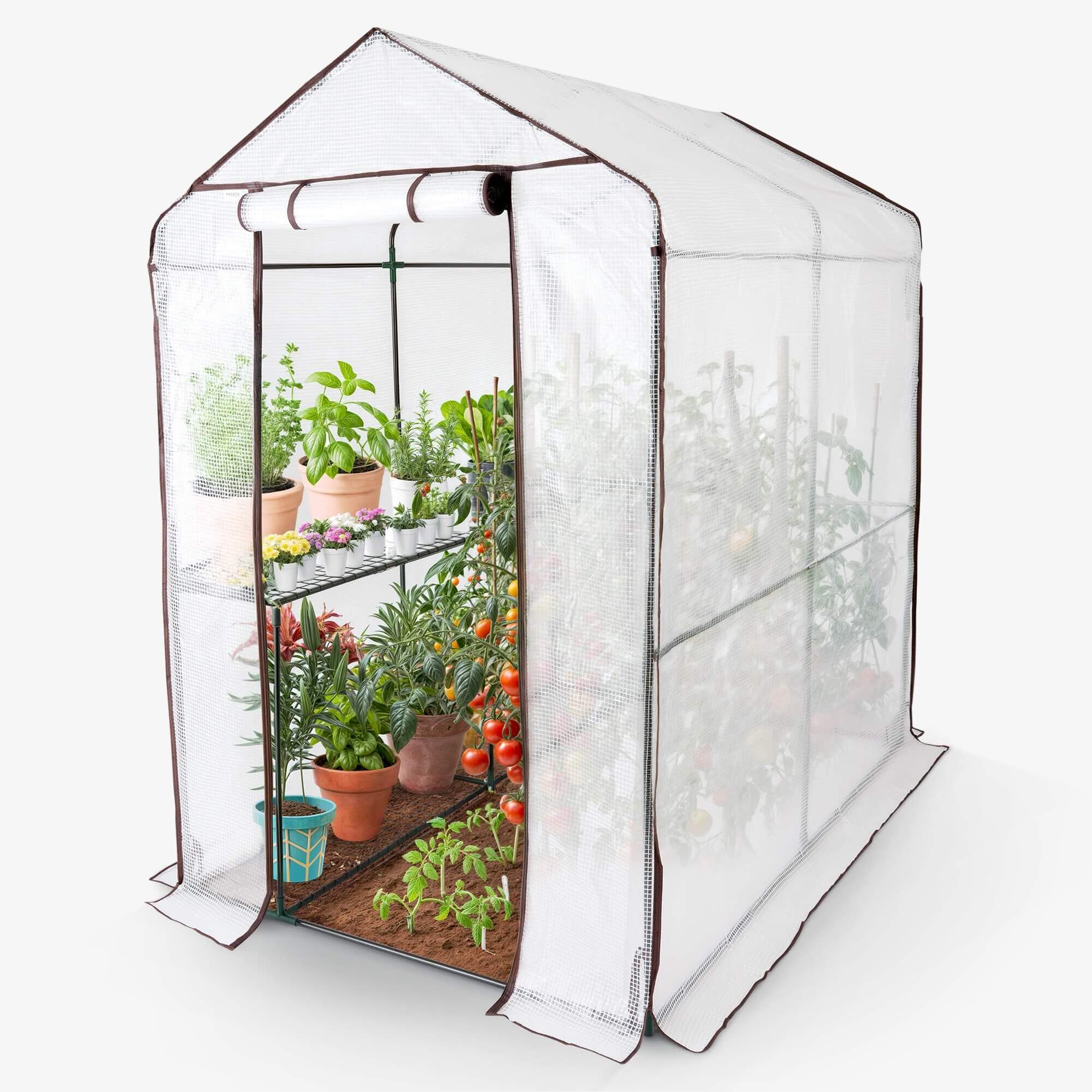 Arebos foliedrivhus 120 x 186 x 19 cm | vejrbestandigt, UV-bestandigt | adgang med lynlås | faste hylder | transportabelt