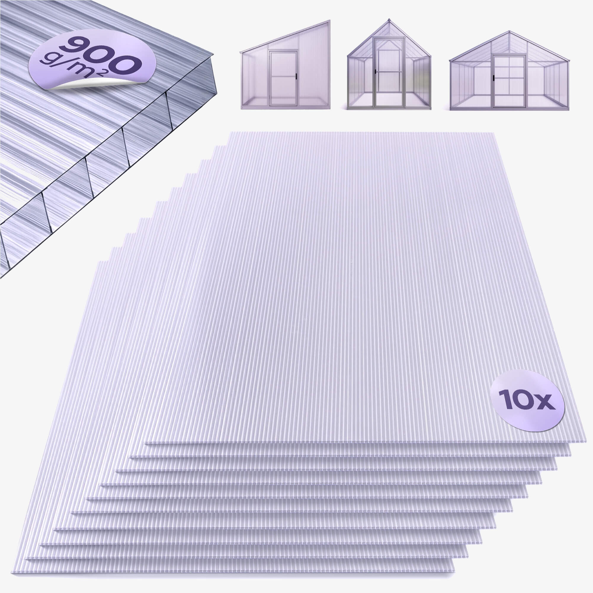 Arebos Polycarbonat dobbeltvægsplader 10-sæt | 6 mm tykkelse | vægt 900 g/m² pr. plade | UV-bestandig | Transparent