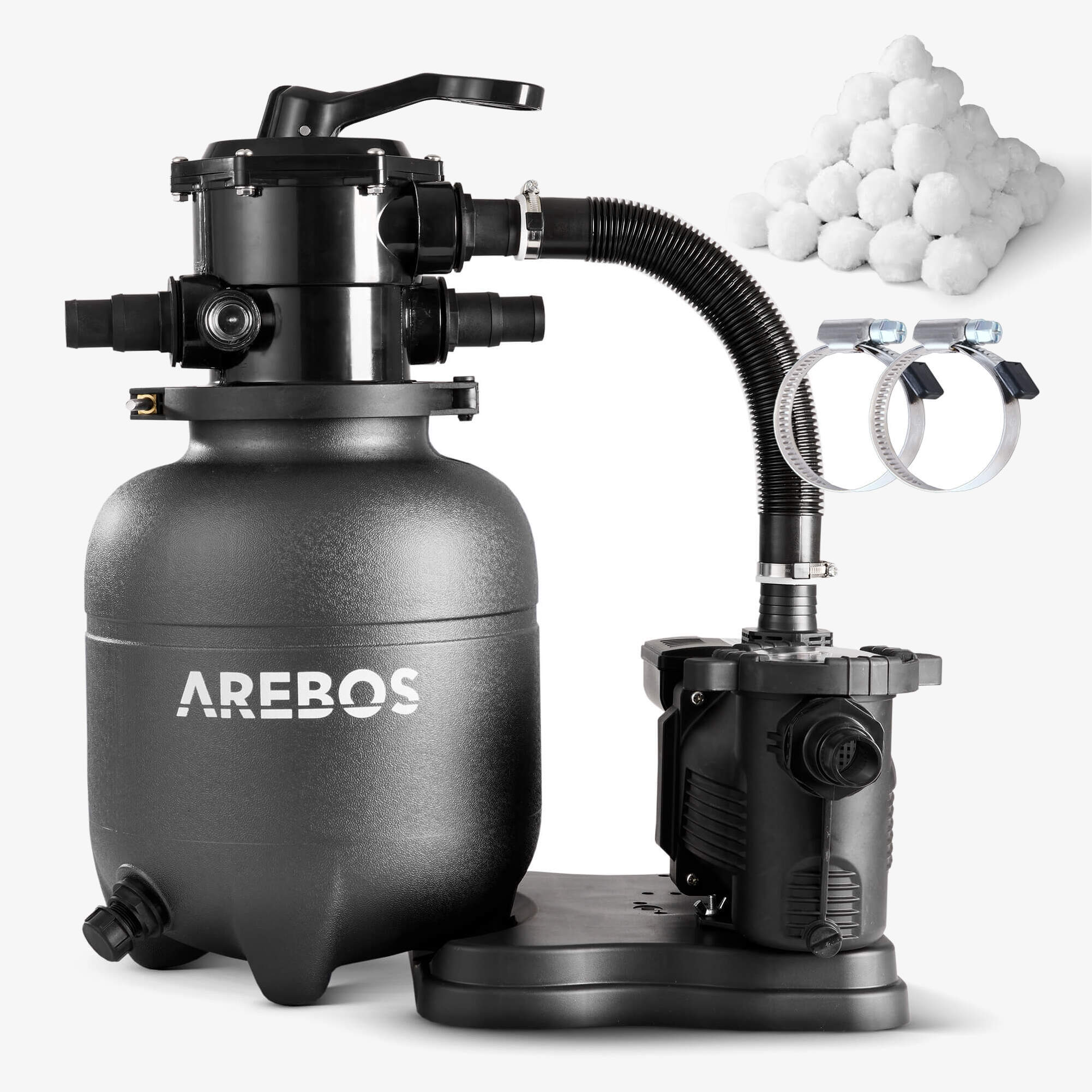Arebos Sandfilteranlæg Poolfilter med pumpe 350W - 9500 L/t,7-Way,inkl.tilbehør-Sort