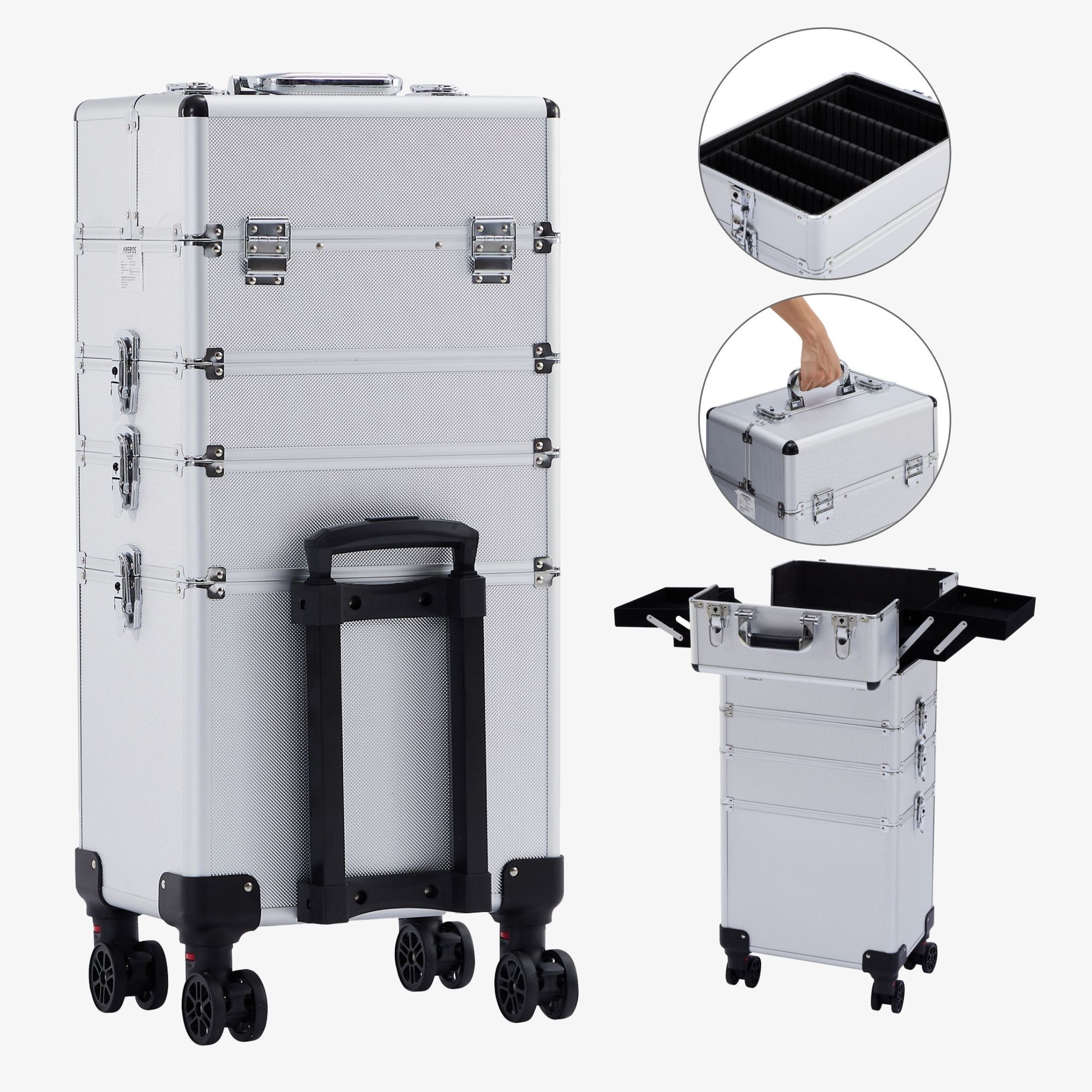 Arebos 4in1 Beauty Case - Trolley,aluminium,4+1 rum,fløjlsindlæg,inkl.lås -makeupkuffert