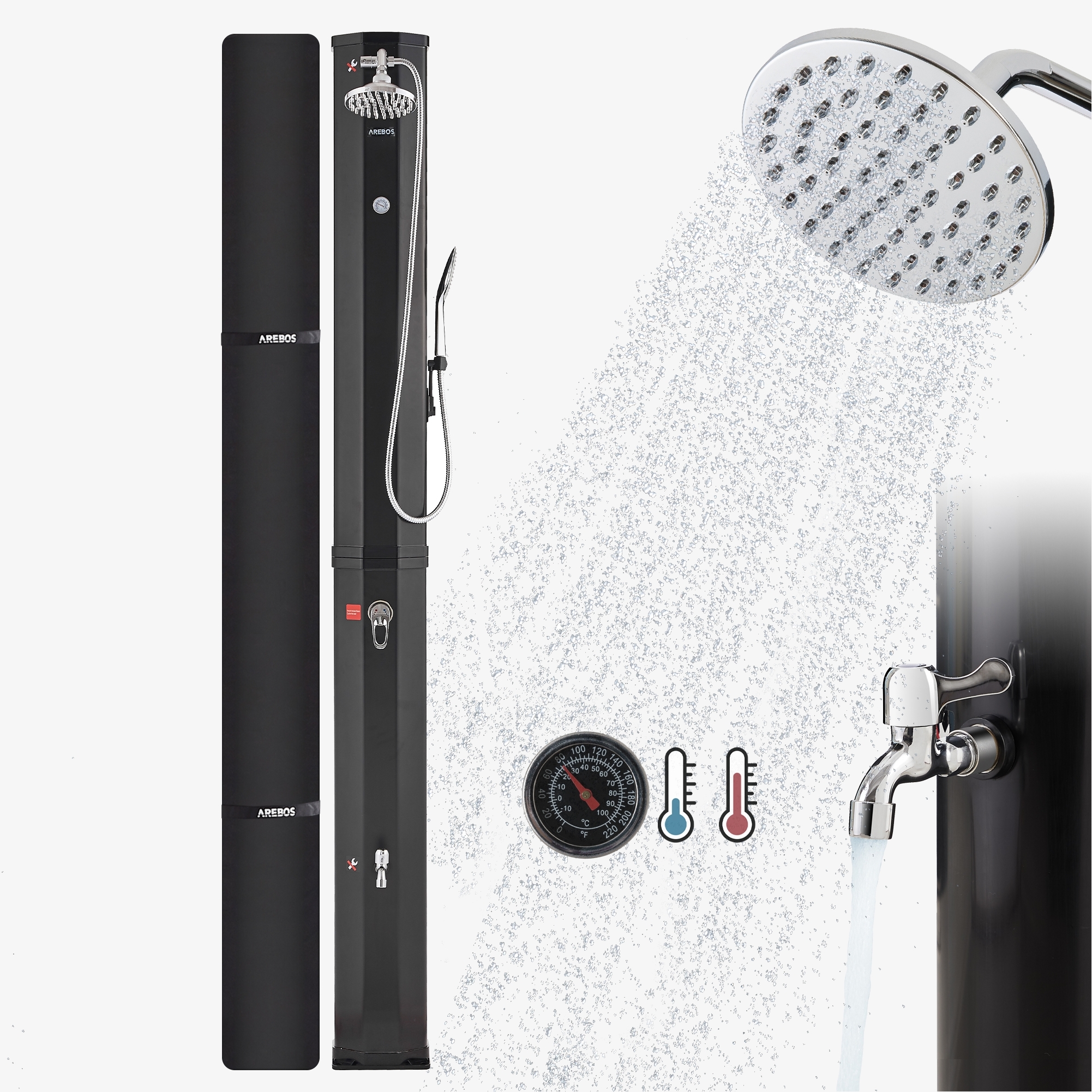 Arebos Udebruser 60L med termometer og håndbruser sort med Snap in og Quick Connect