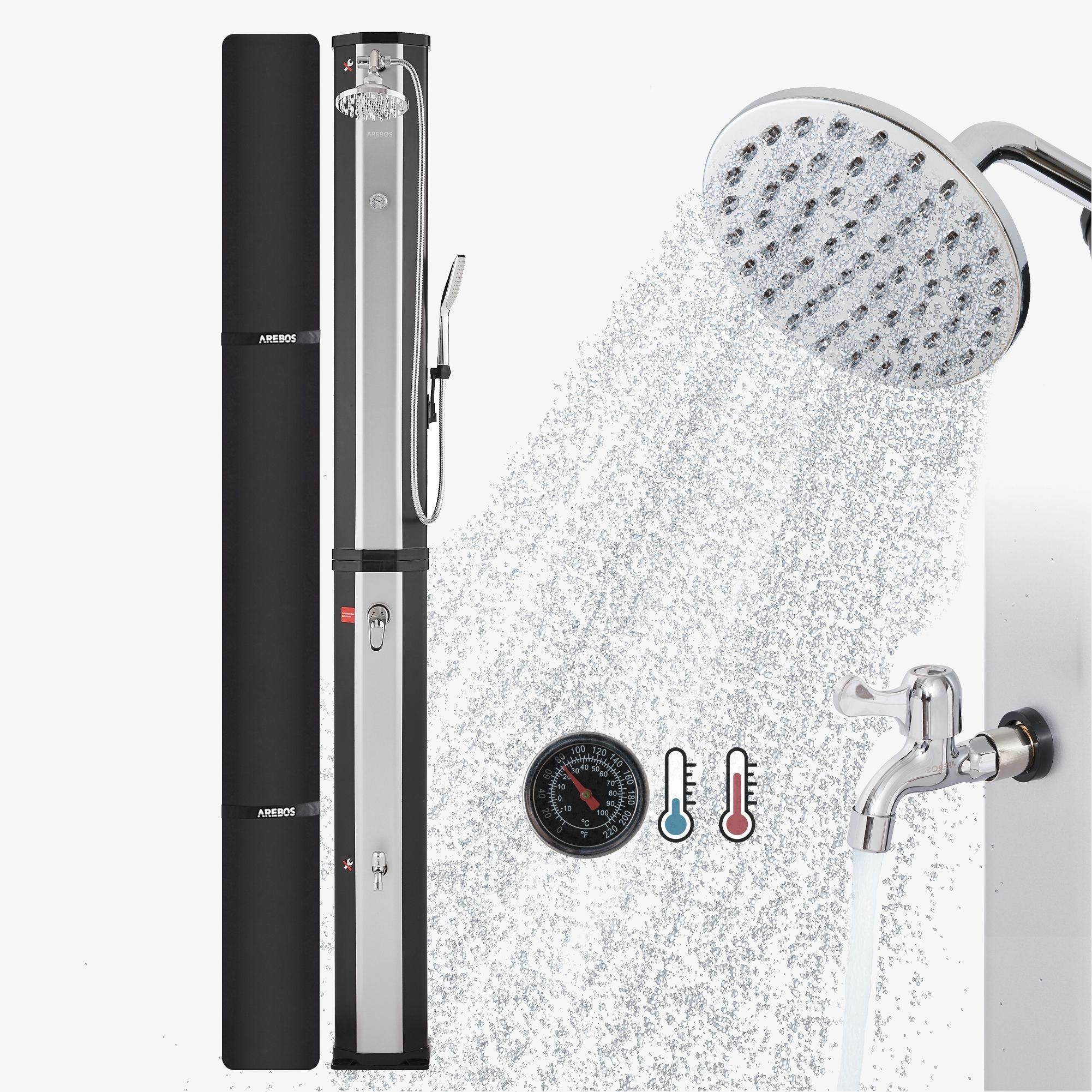 Arebos udebruser 60L med håndbruser og temometer sort/sølv, Snap IN og Quick Connect