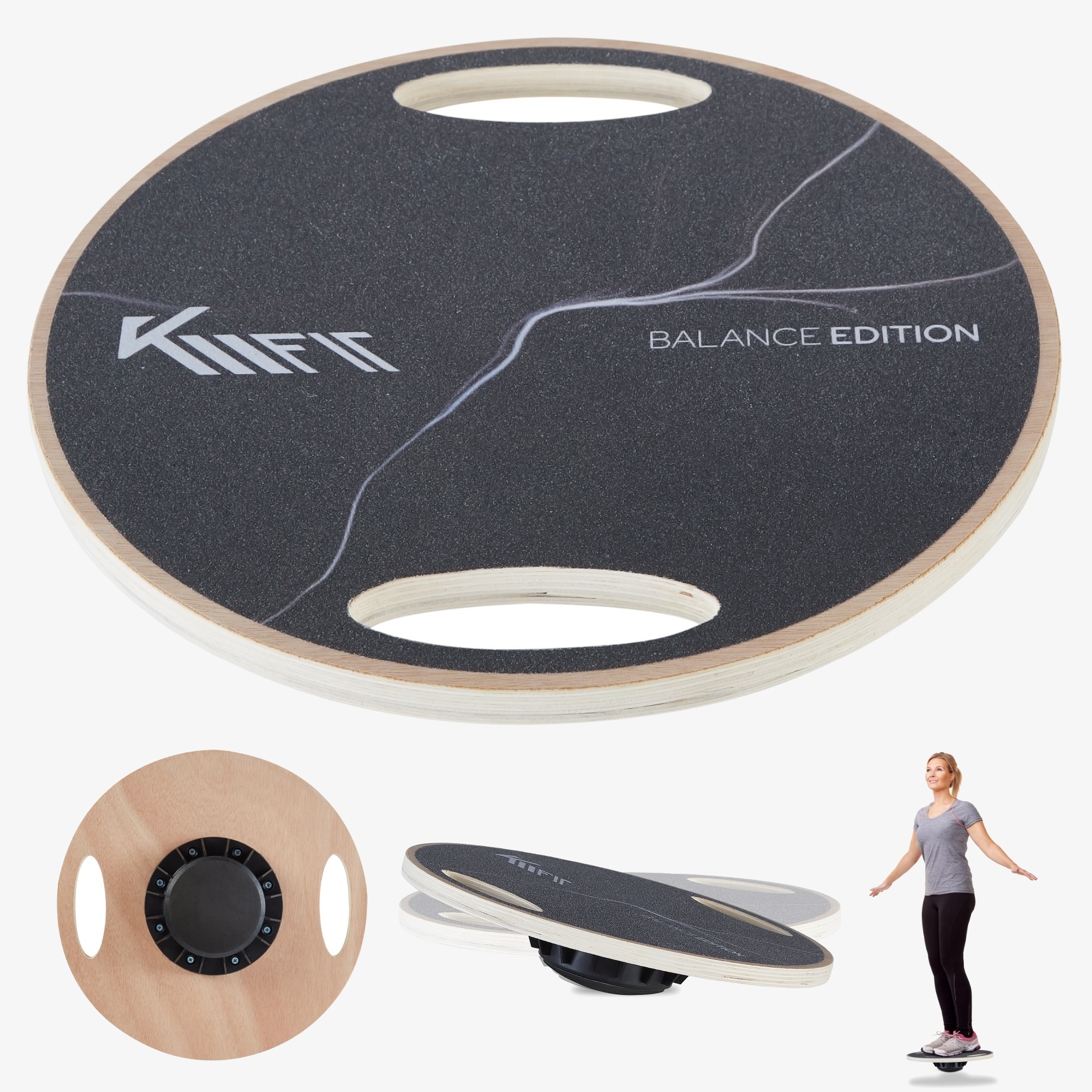 KM-Fit Balancebræt Wobble board af træ Skridsikker overflade Belastningsevne 200 kg Snurretop ø 39,5 cm