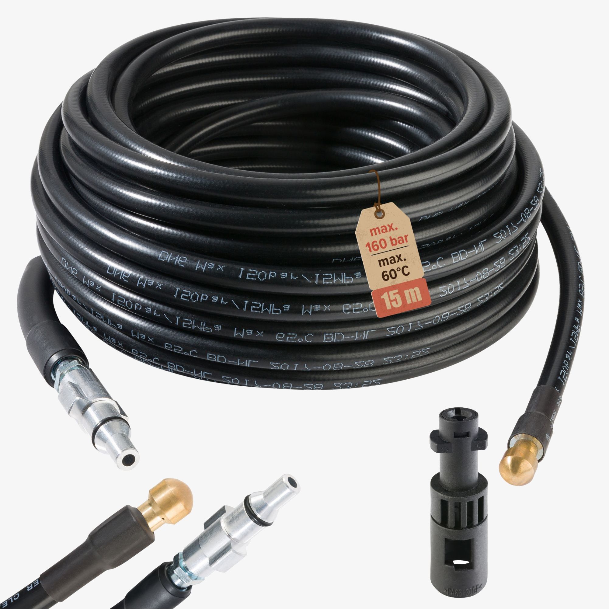 Arebos Rørrensningsslange 15m - 160 bar, til højtryksrenser, inkl. adapter Lavor