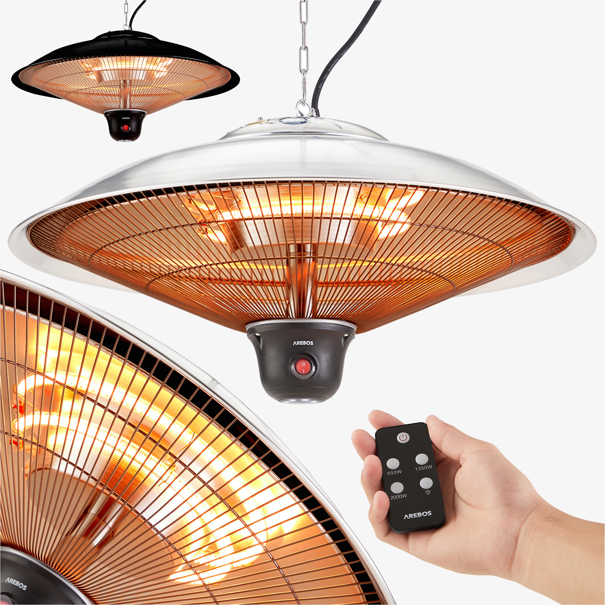 Arebos Infrarød terrassevarmer 2000W - inkl. fjernbetjening, 3 varmeindstillinger, udendørs, LED