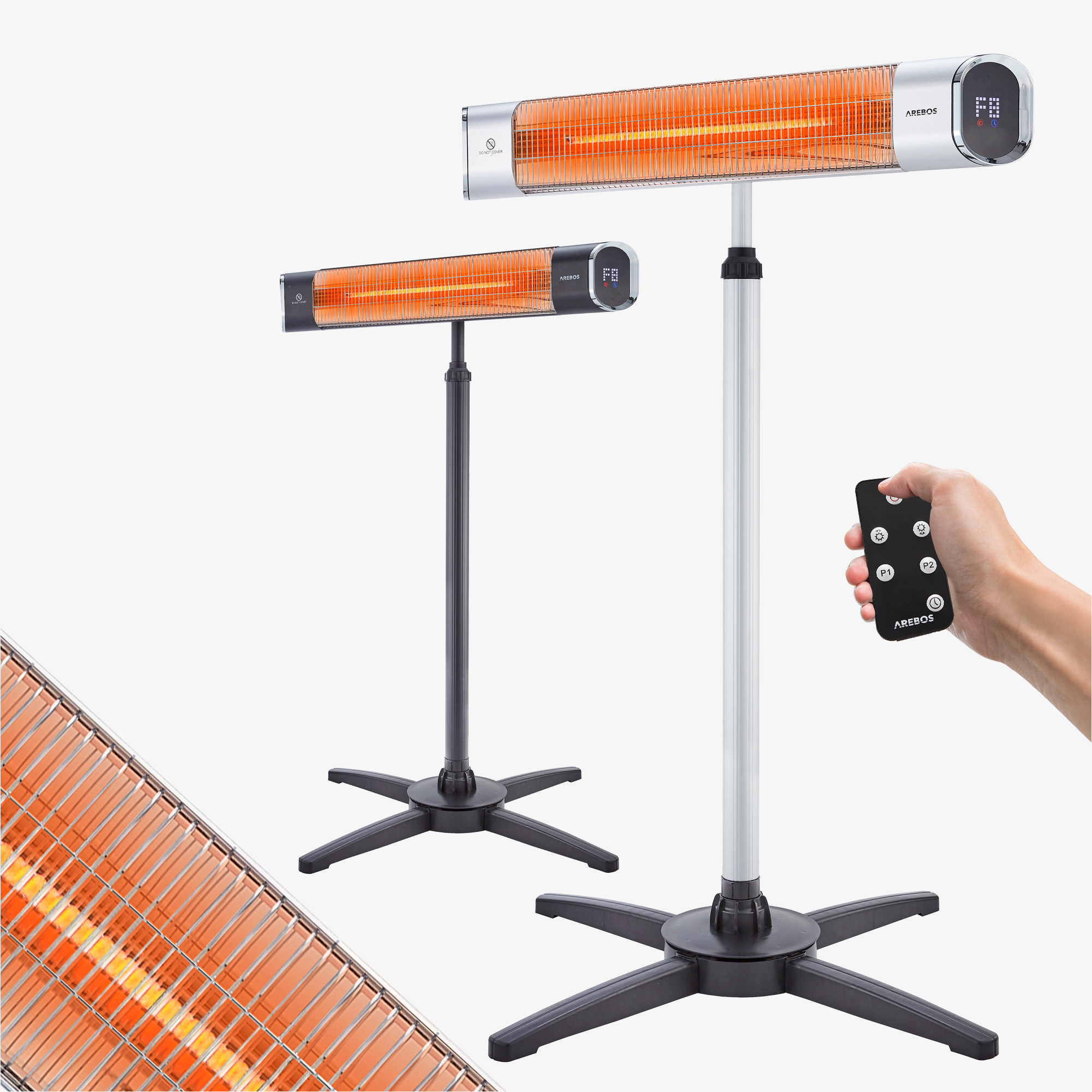 Arebos Infrarød terrassevarmer Premium 2000W - med stativ, 3 varmeindstillinger, inkl. fjernbetjening