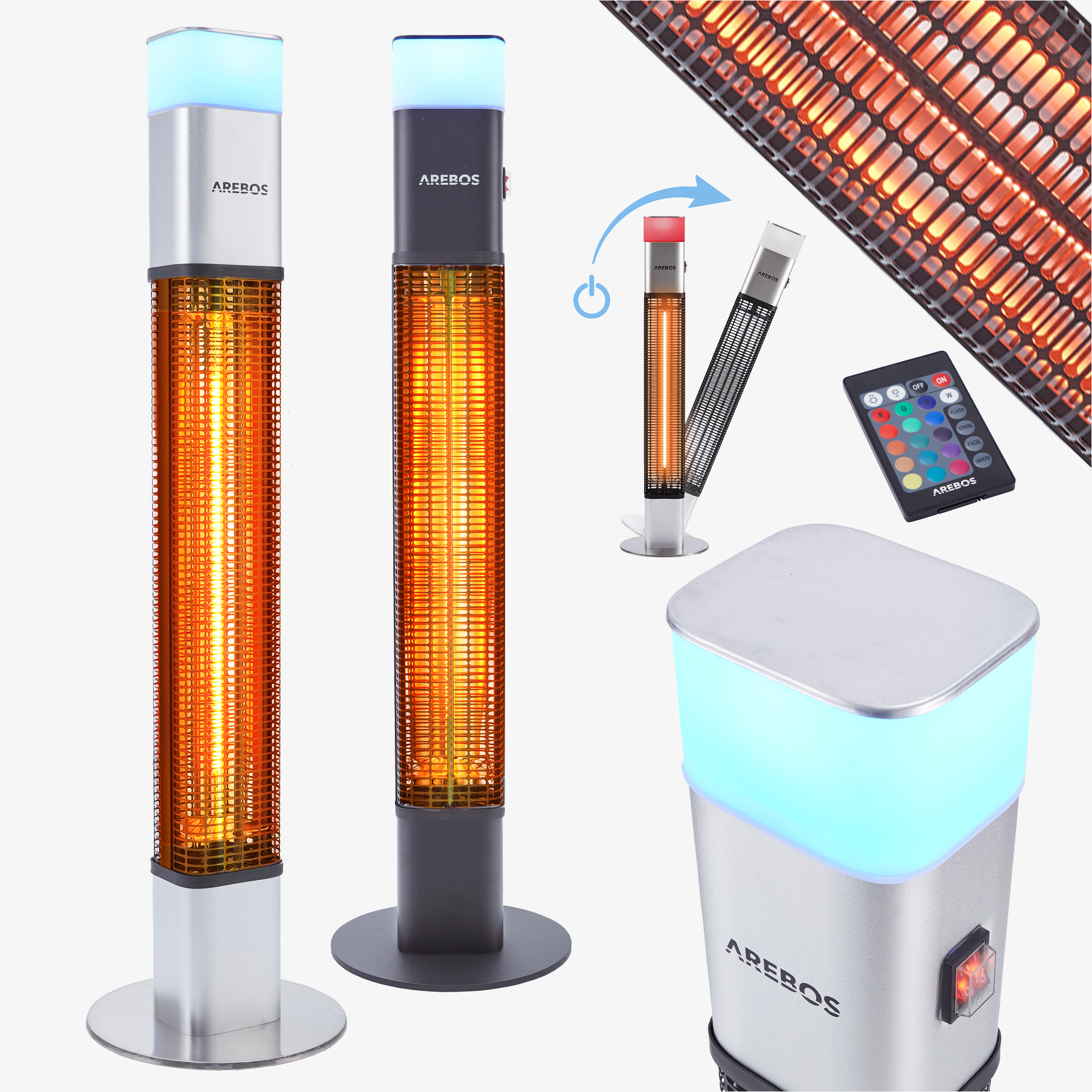 Arebos Infrarød terrassevarmer 1500W - LED,16 farver,3 niveauer,inkl.fjernbetjening
