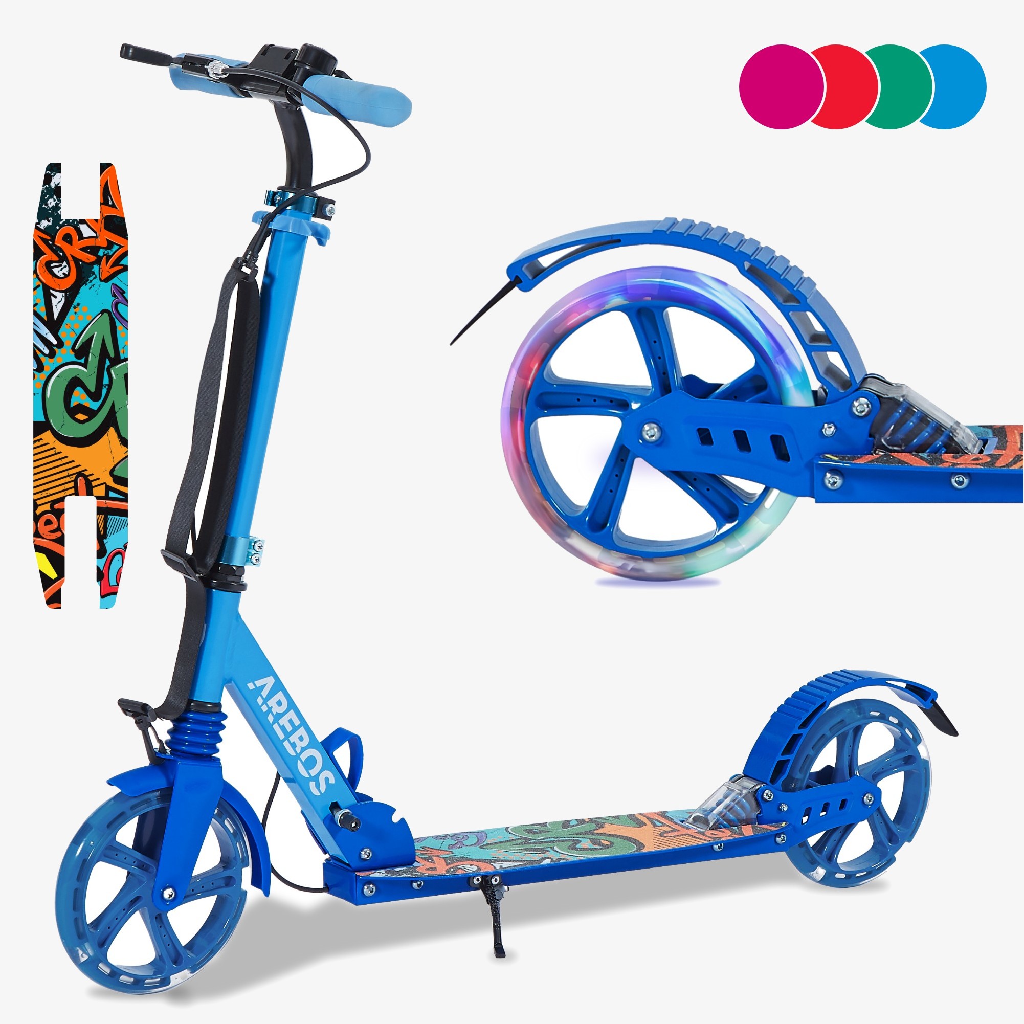 Arebos løbehjul med LED-dæk, hånd- og pedalbremse, klokke, støttefod, bærestrop