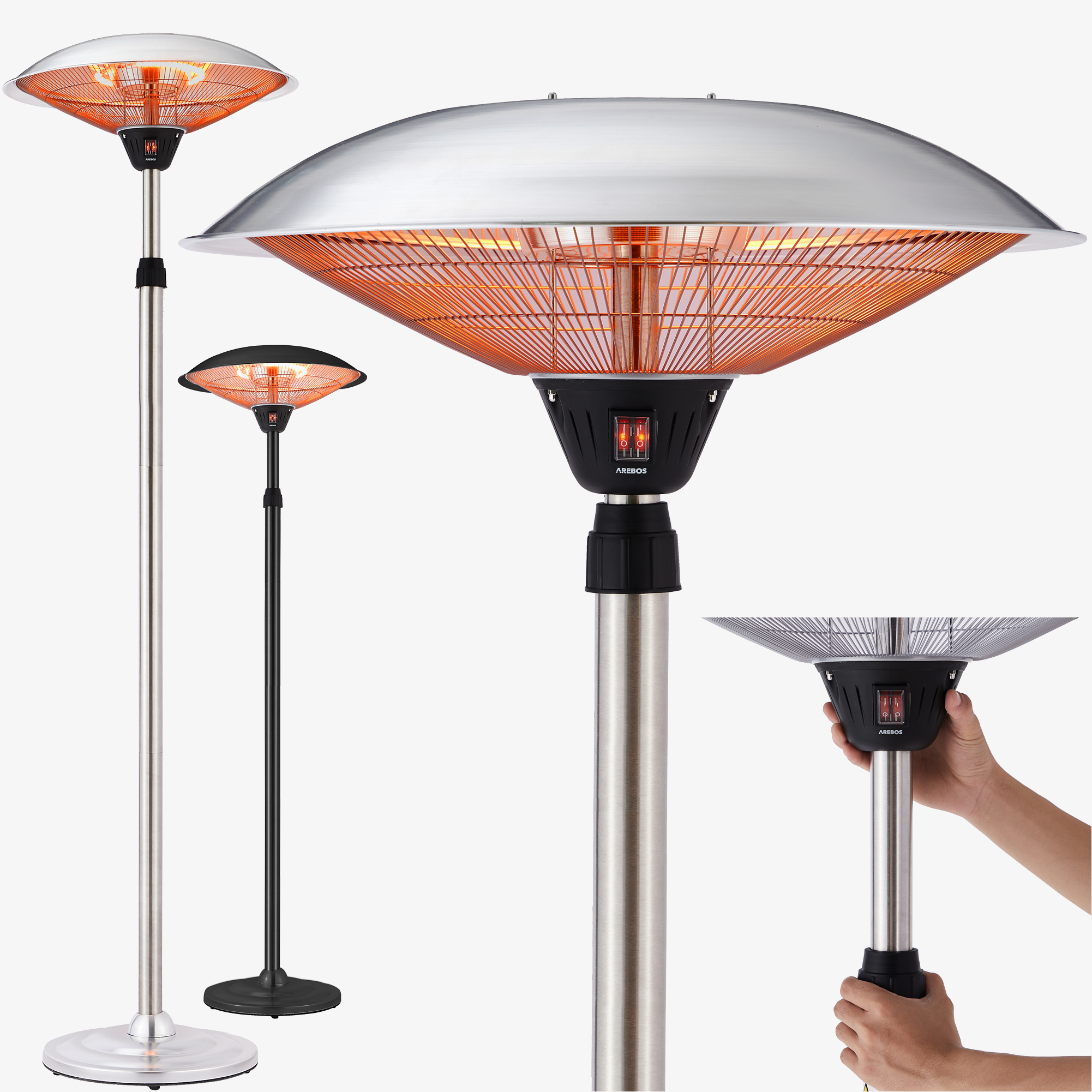 Arebos Infrarød terrassevarmer 2000W - 3 varmeindstillinger,inkl.fjernbetjening,LowGlare