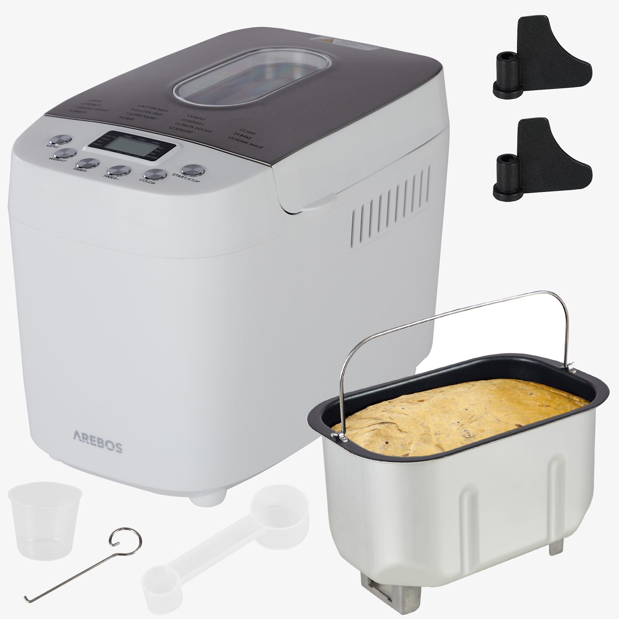 Arebos Brødmaskine 850W - 1500g,15 Programmer,2 Dejkroge,Timer,LCD Display - Hvid