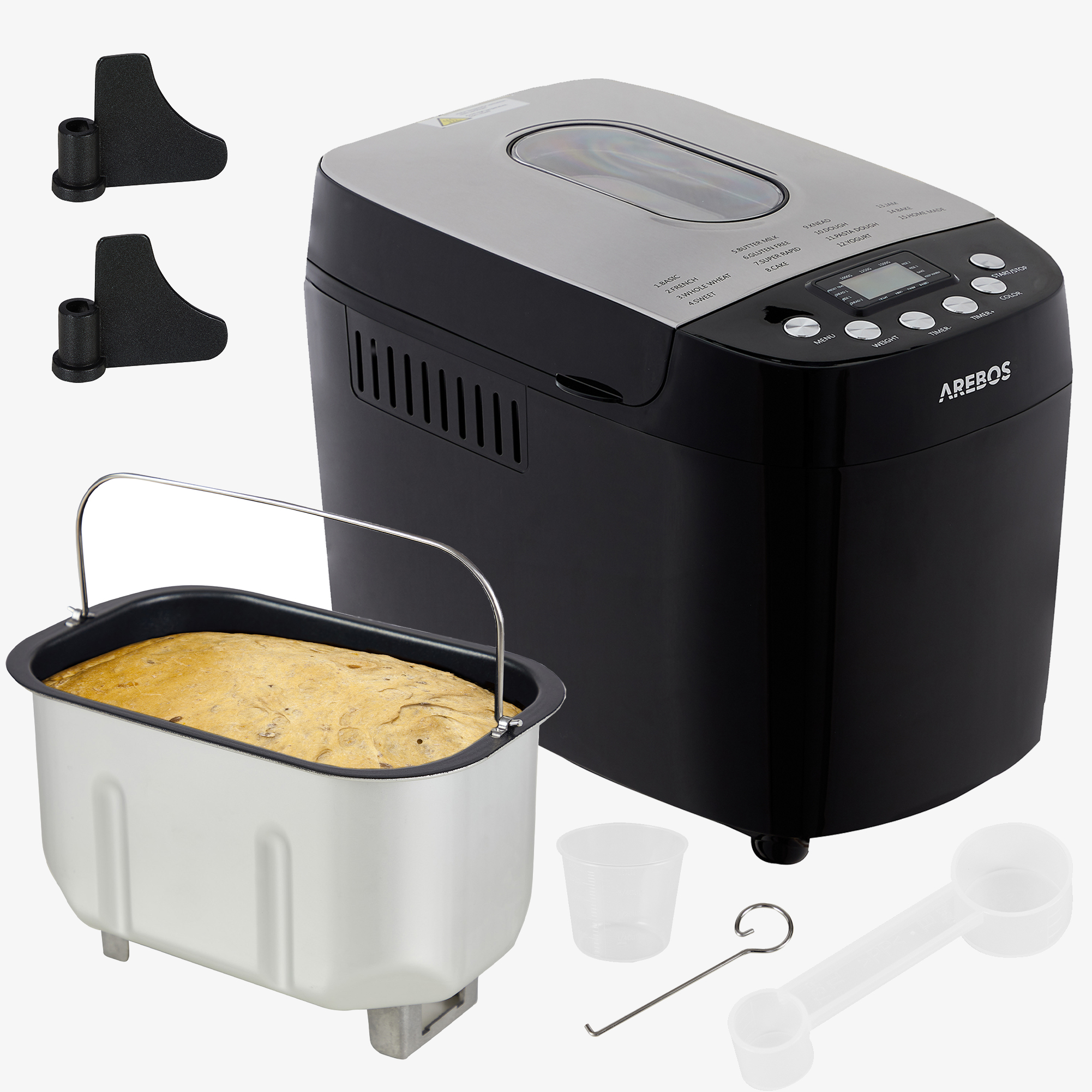 Arebos Brødmaskine 850W - 1500g,15 Programmer,2 Dejkroge,Timer,LCD Display - Sort