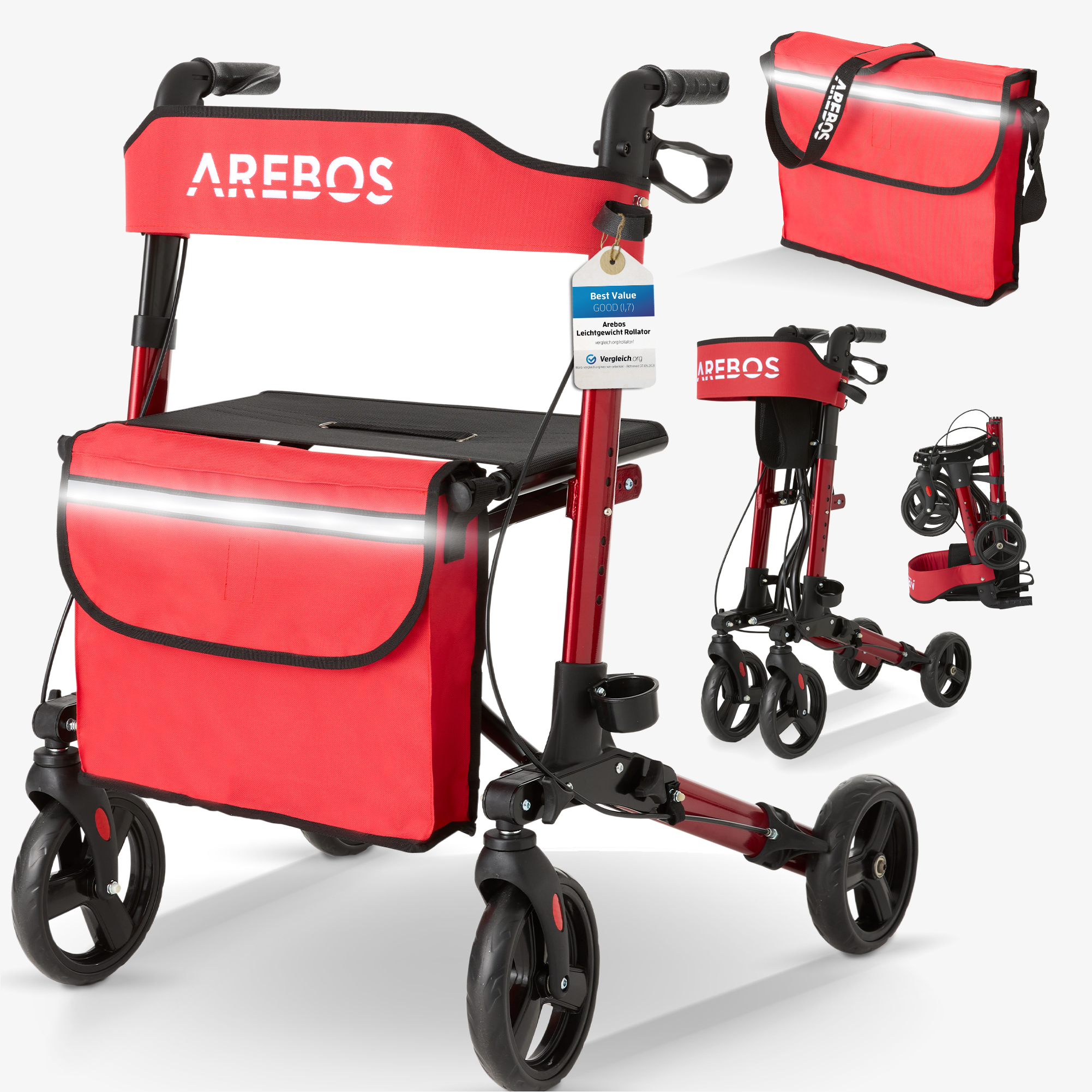 Arebos letvægtsrollator - aluminium, justerbar, sæde, stokkeholder, indkøbstaske, foldbar