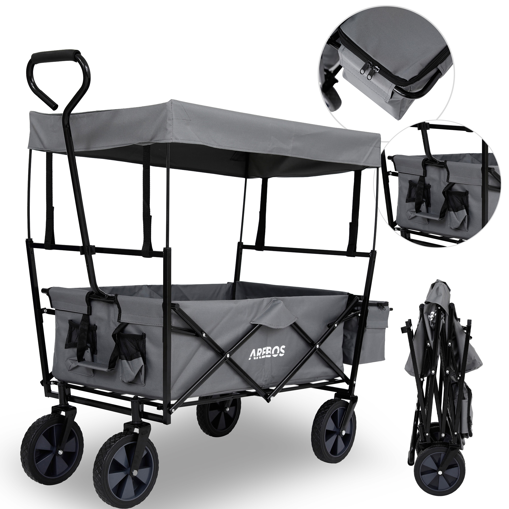 Arebos Eco trækvogn - sammenklappelig med tag, XXL-taske, op til 80 kg, store hjul