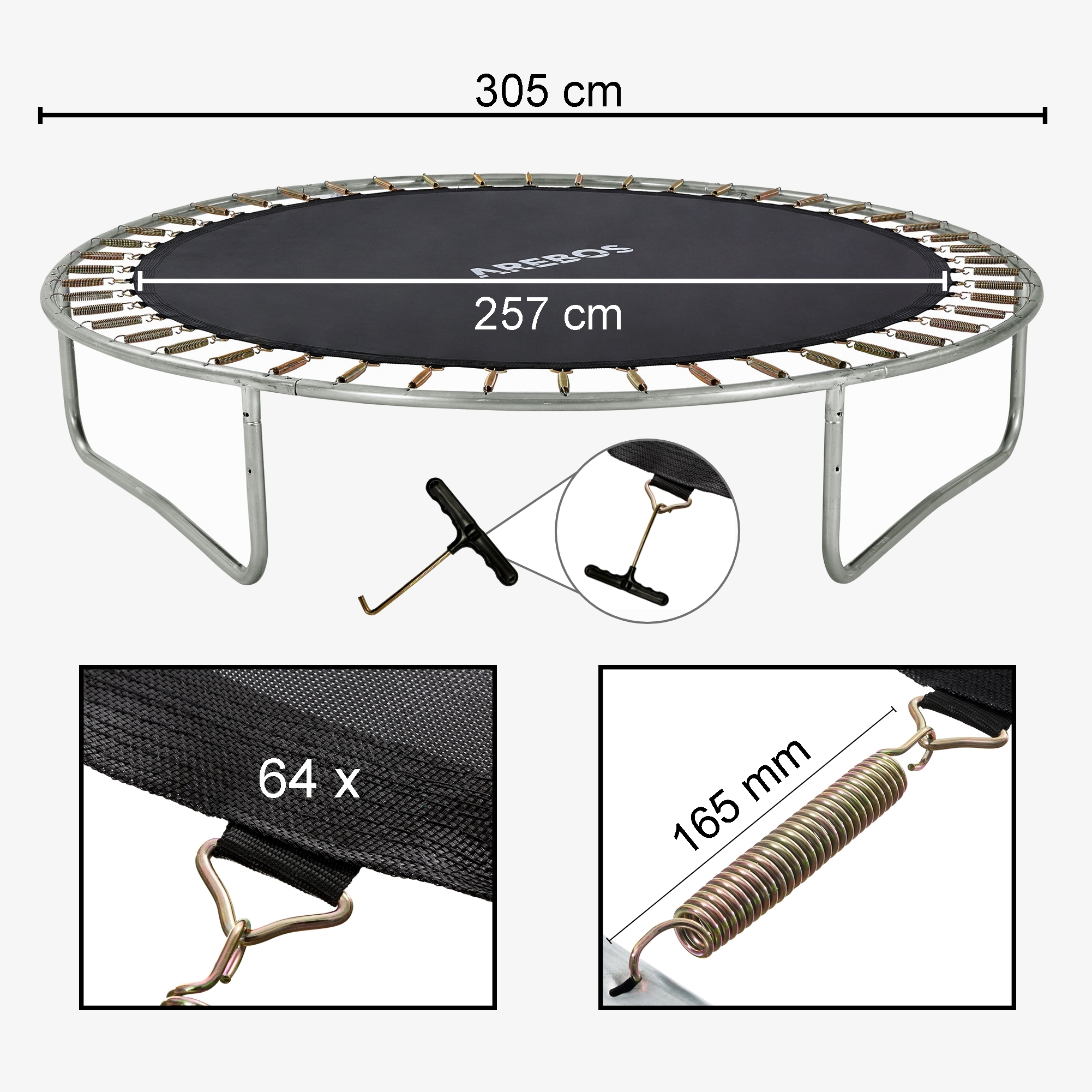 Arebos Springmåtte til trampolin Ø 305 cm/10 fod, Ø måtte 264 cm, 64 øjer, fjederlængde 165 mm -membran