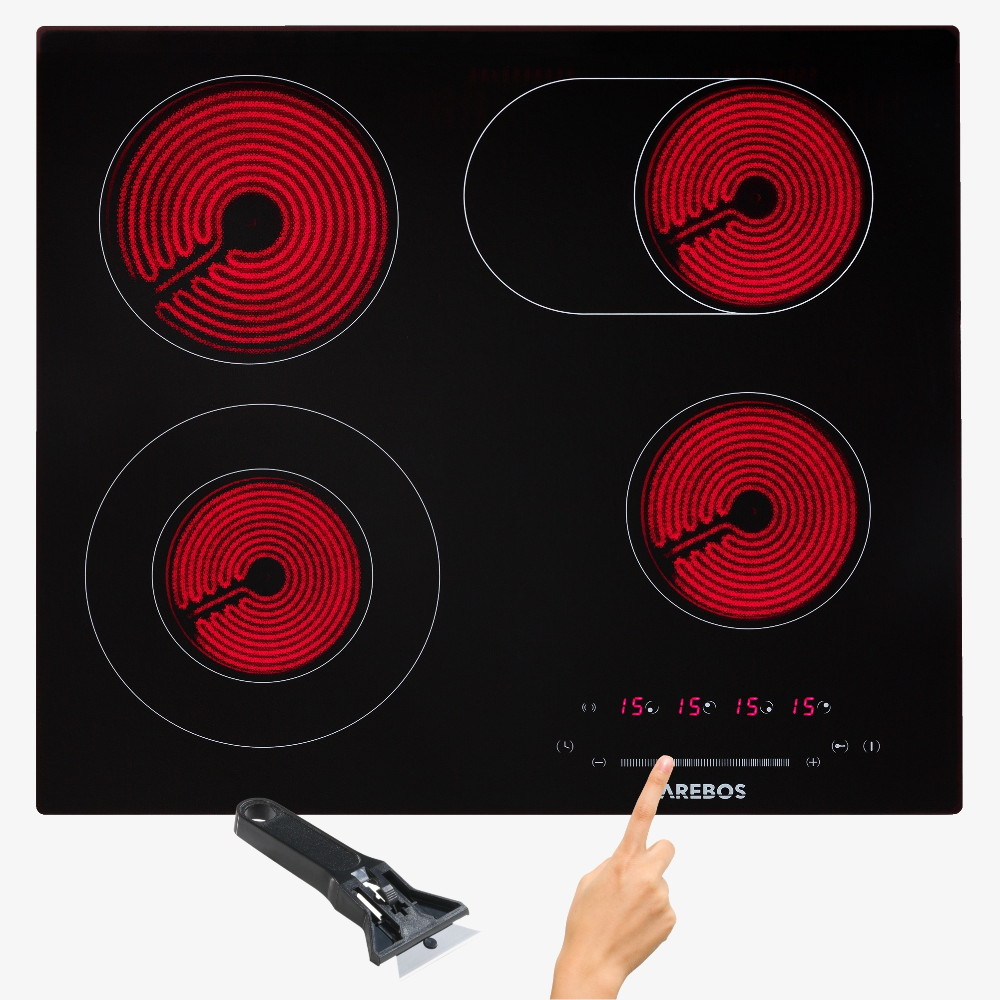 Arebos glaskeramisk kogeplade 4 kogezoner 59cm,autark,med Senortouch,Dobbelt koge- og stegezone
