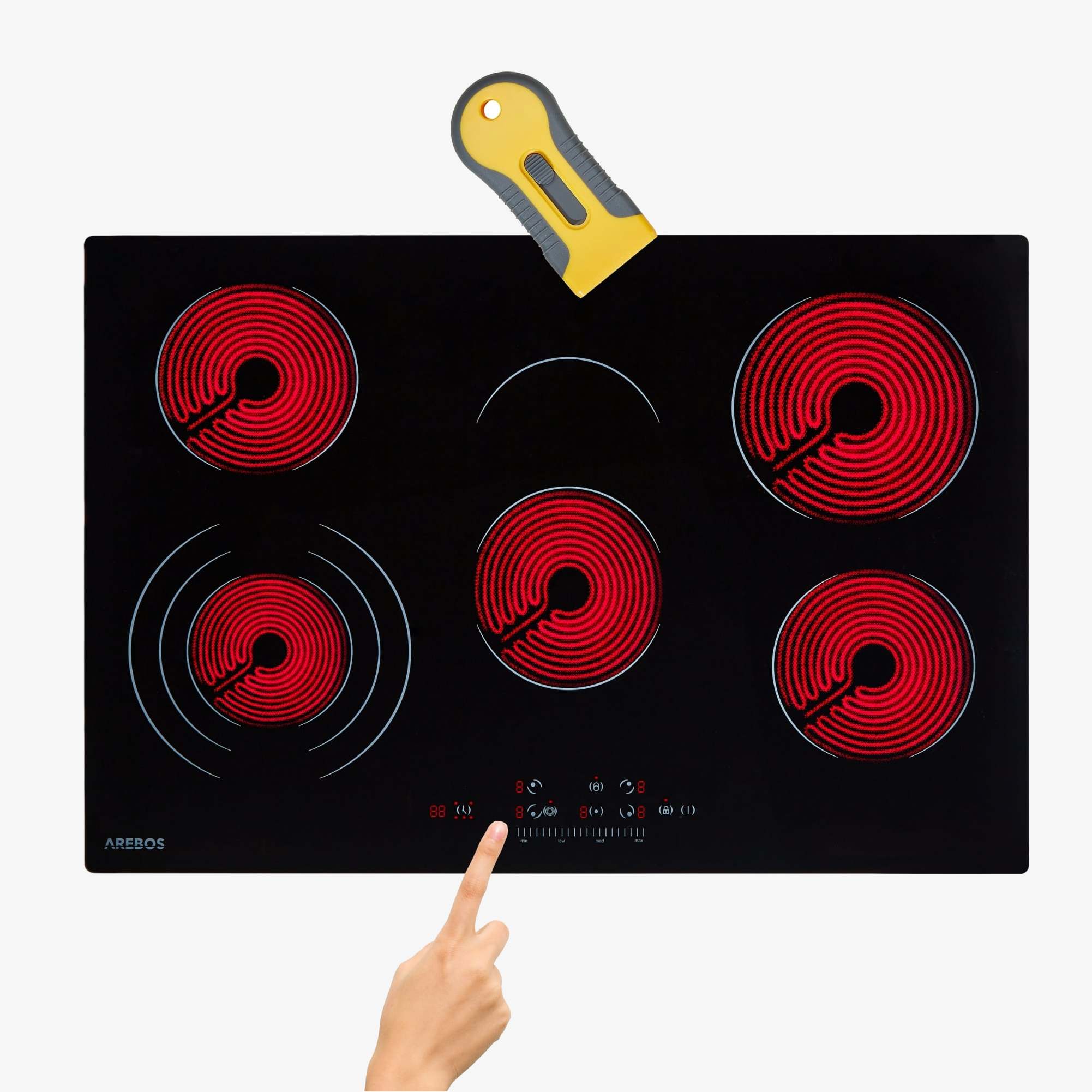 Arebos glaskeramisk kogeplade 5 kogezoner 77 cm,autark,med Senortouch,Dobbelt koge- og stegezone