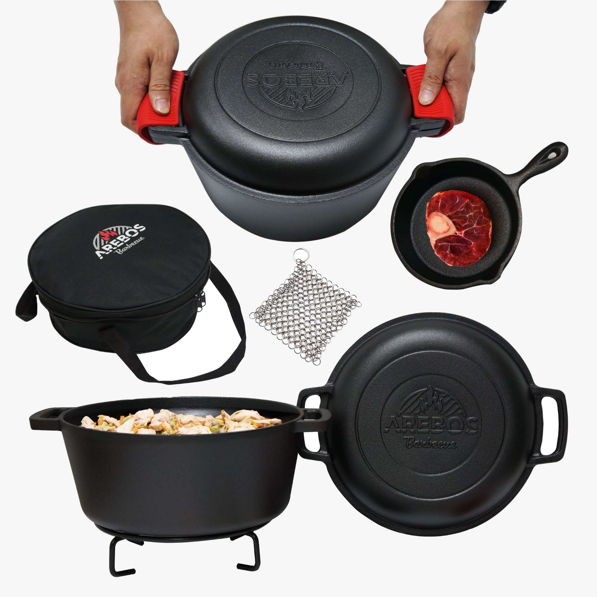 Arebos Dutch Oven BBQ 2in1 Gryde og pande i støbejern Braisegryde Bålgryde Kogegryde Grill