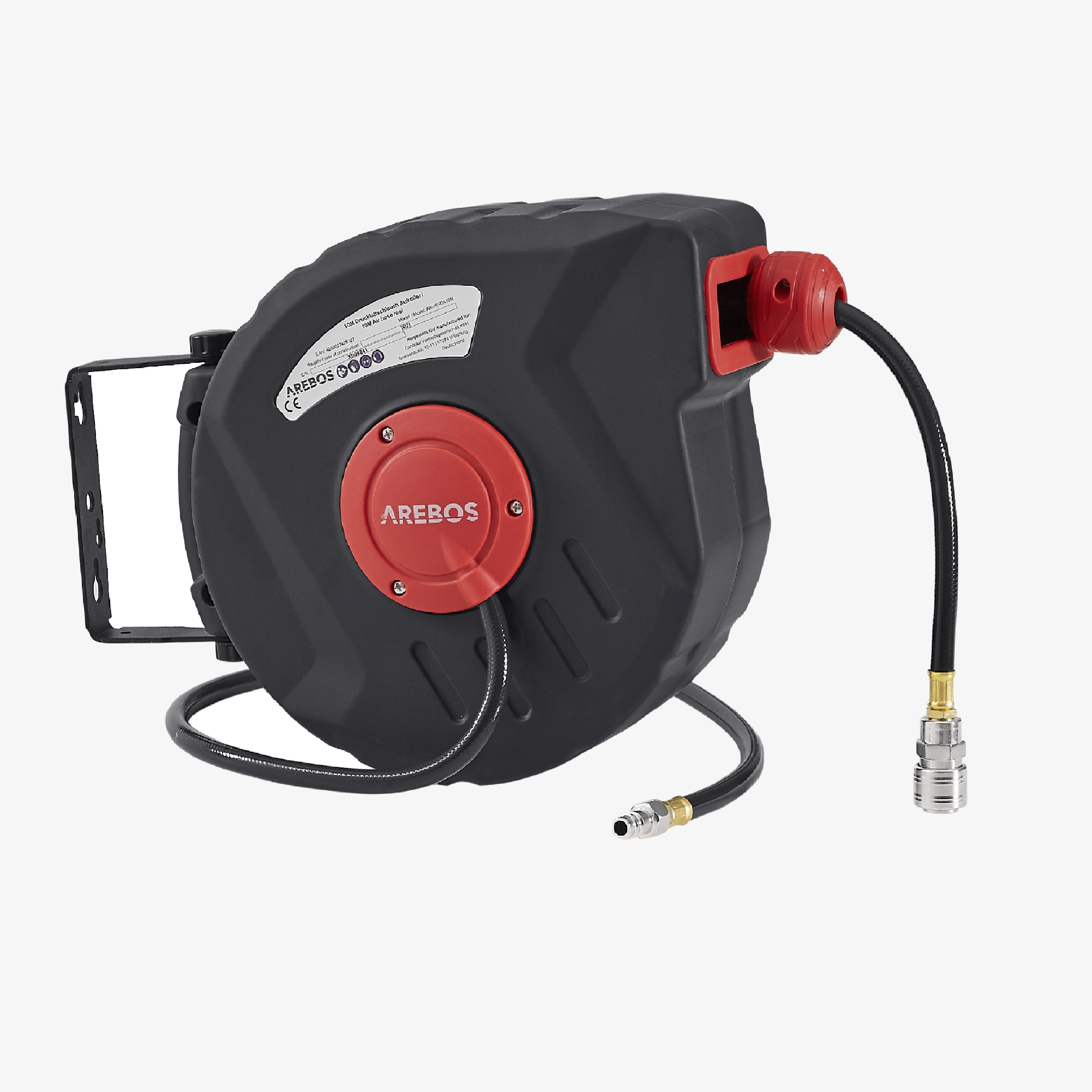 Arebos trykluftslange 20 m opruller, vægmontering, 1/4" lynkobling, 180° drejelig
