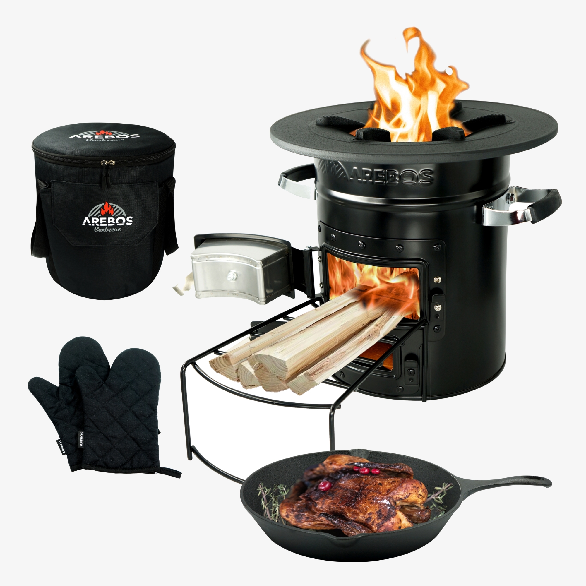 Arebos Rocket Stove inkl. grillpande, handsker og bæretaske Dutch Oven BBQ Rocket Stove Camping Stove