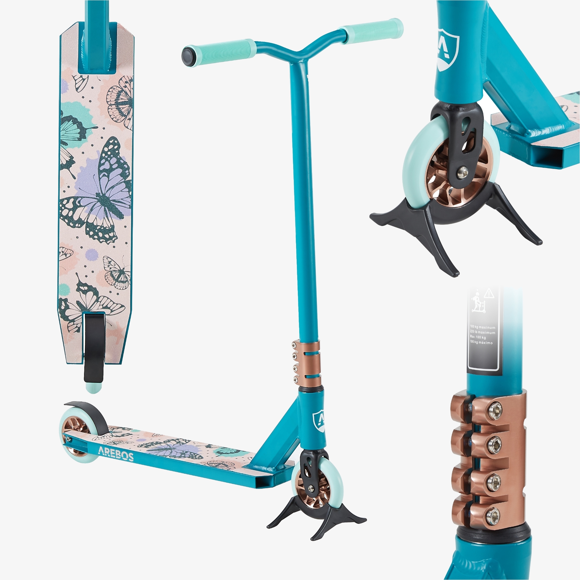Arebos Stunt Scooter Turkis - ABEC 9 kuglelejer,max. belastning 100kg,inkl. stativ
