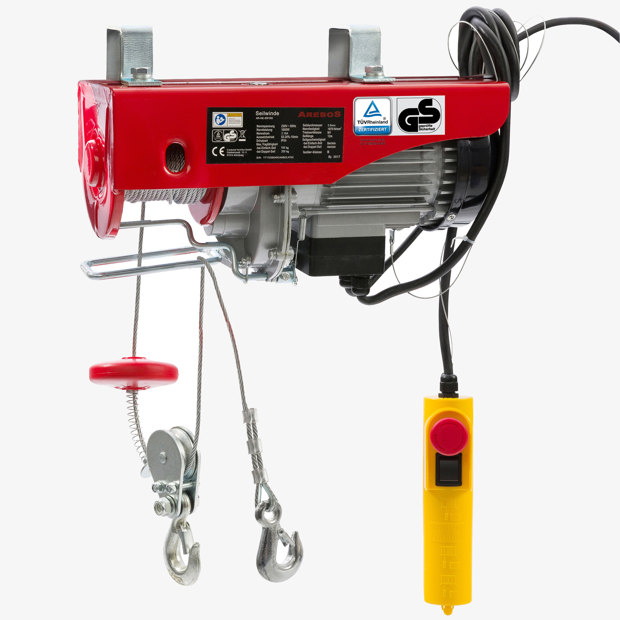Arebos elektrisk kabelspil - spil 200 kg - kapacitet 100-200 kg med kabelfjernbetjening