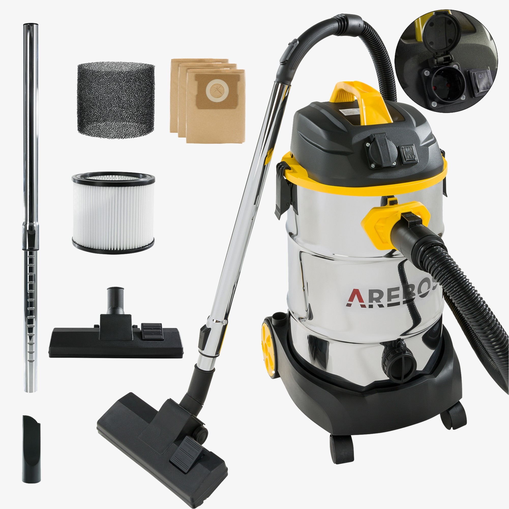 Arebos industristøvsuger 1600W - Støvsuger 30l, våd/tør, askestøvsuger med og uden pose