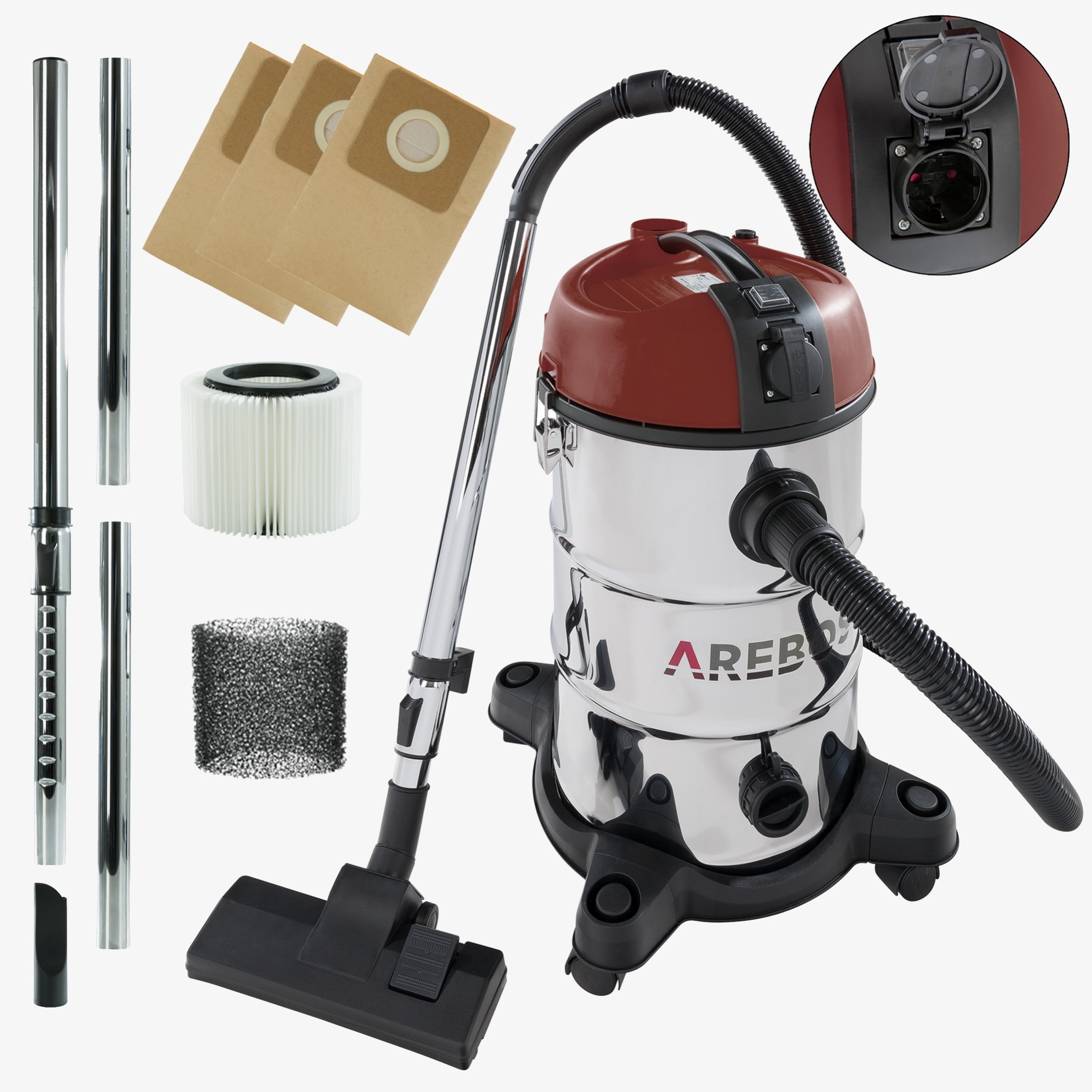 Arebos industristøvsuger 1300W - Støvsuger 30l, våd/tør, askestøvsuger med og uden pose