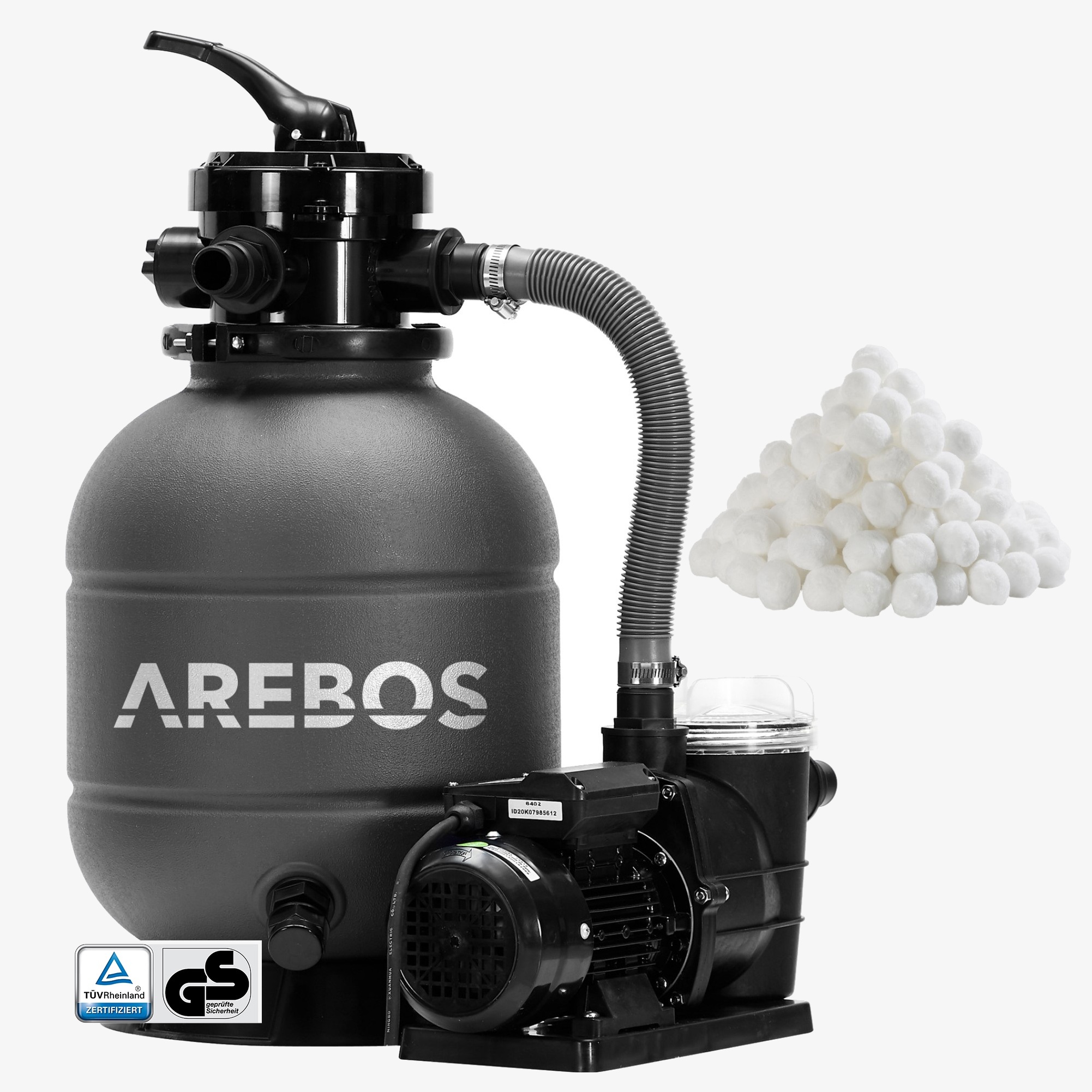 Arebos Sandfilteranlæg Poolfilter med pumpe 400W - 10.200 L/t,7-Way,inkl.tilbehør-Grå
