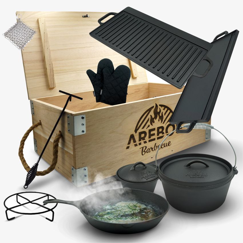 Støbejernssæt 9 dele i trækasse