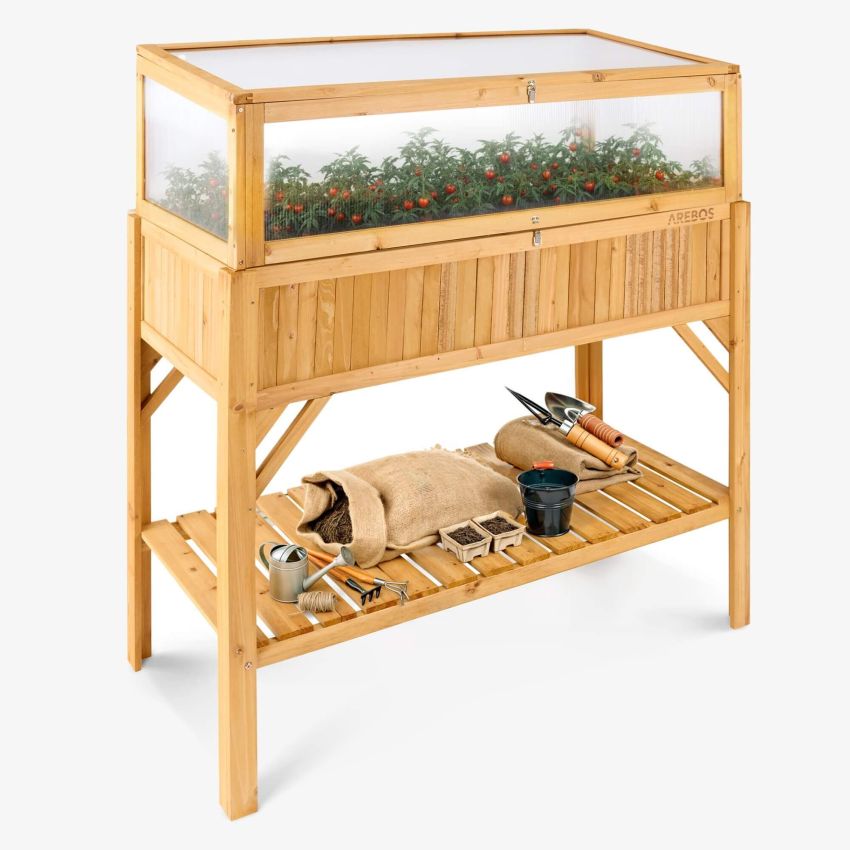 Højbede af træ med hylde og drivhusoverbygning  til højbede
