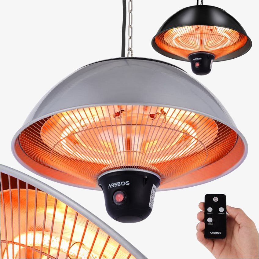 Arebos infrarød terrassevarmer rund 1500W - loftsmodel -fjernbetjening, 2 varmeniveauer, udendørs